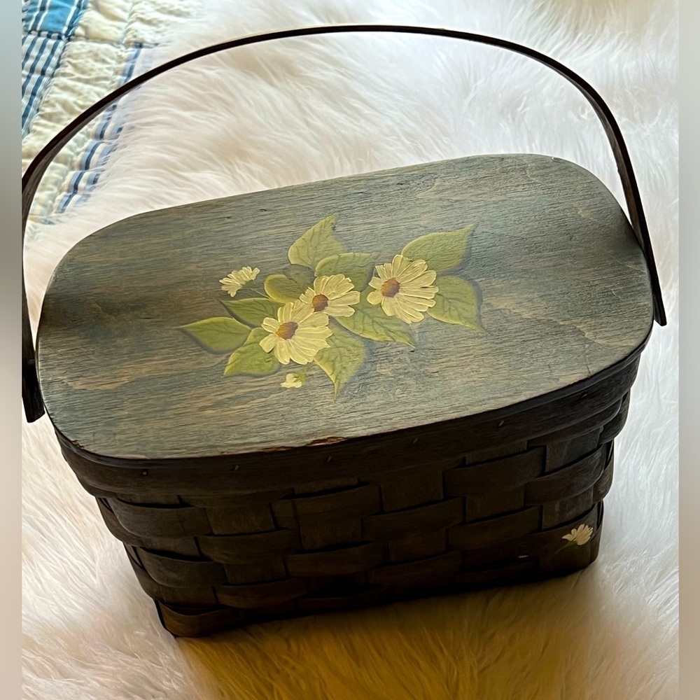 Vintage Hand Painted Wicker Basket Floral Lined Mirror Handle Purse